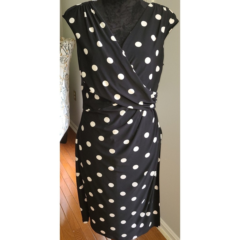 Lauren Ralph Lauren Dress Womens 14 Polka Dot Midi Ruched Classic Retro Stretch